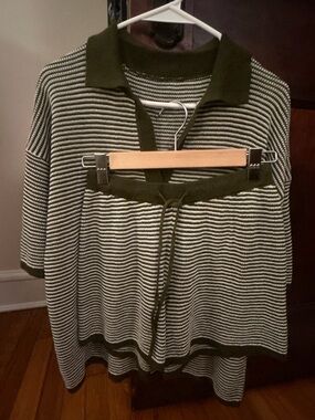 Striped Knit Lounge Matching Set - Beach Knitted Set in Green and Cream size S/M